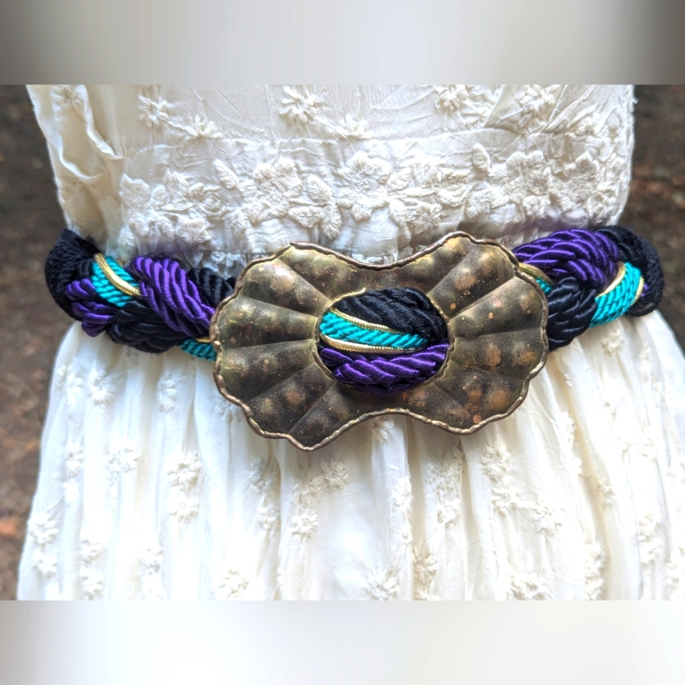 Vintage 80's CAROLYN TANNER DESIGNS BELT- Braided silk cording w/large Medallion